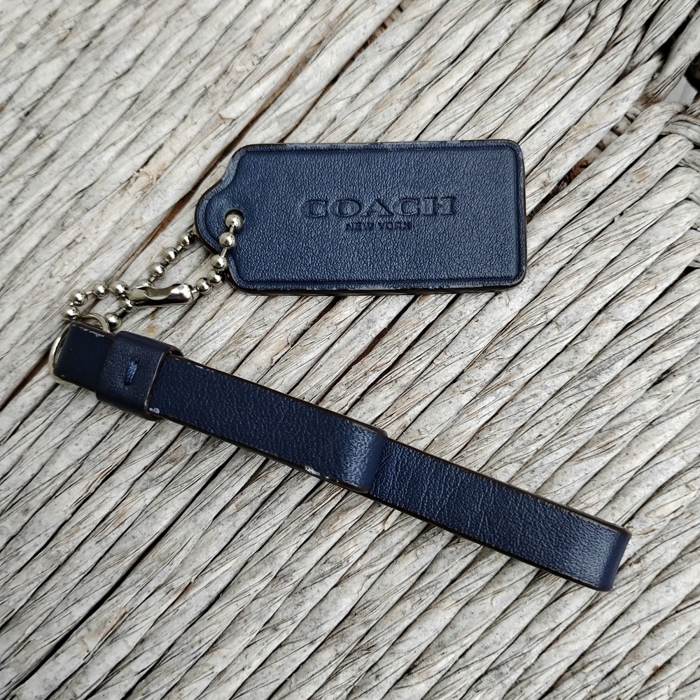 Coach Navy Blue Leather Double Loop Bag Charm Hang Tag Silver Tone